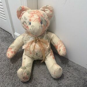Vintage 1980’s Handmade Floral Teddy Bear with Bow. Peach and Green